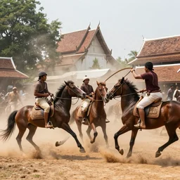 a sukhothai town getting pillaged by khmers on horses