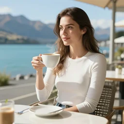 beautiful slim young woman having a flat white coffee in the sunshine while on holiday in christchurch, new zealand. high quality cinematic fantasy digital render art in the style of alphonse mucha. dramatic lighting. koru motif. silver fern motif. southern cross stars. stunning. elegant. beautiful. romantic. stylish. air new zealand plane flies in the background.