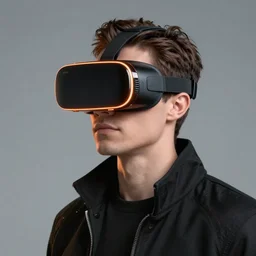 a stylish young man wearing a futuristic cyberpunk virtual reality headset which covers the whole face, in the style of giorgetto giugiaro, orange glowing edges, insanely integrate, 8 k, productphoto, full shot, studiolight