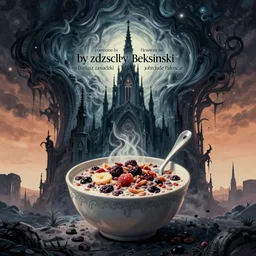 something strange in my cereal, by zdzislaw beksinski, by dariusz zawadzki, by john jude palencar, gothic, surrealism, cosmic horror, lovecraftian, biomorphic, cold hue's, warm tone gradient background, concept art, beautiful composition