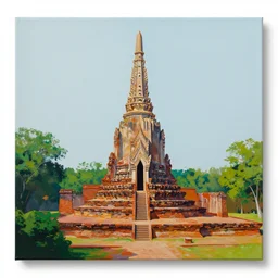 painting of sukhothai, with warlord monument,, canvas, acrylic paint, by andy warhol, by roy liechtestein, isometric, 4 k, ultra - hd