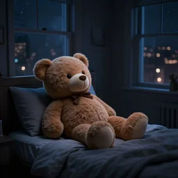 a teddy bear on bed in a dark bedroom, midnight, digital art, windows with dim city lights, dramatic, moody, trending on artstation