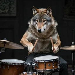 a wolf - man playing the drums