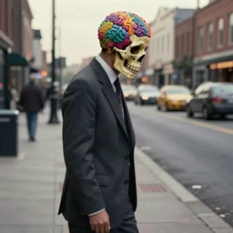 a lonely man in a suit walking down the street, his head is a colorful skull with his brain sticking out, in the style of Edward Hopper, 4k,