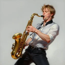 vitalik buterin shredding on an electric saxophone, intense saxophone solo, painting by frank frazetta, glenn fabry and wayne barlowe, 3 d rendering by beeple, bizarre ethereum marketing, clean