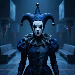 a cinematic fine portrait of the dmt trip with an ominous faceless court jester, angular, dark blue hypercubes, hyperdimensional entities, the waiting room, octane render, nvidia raytracing demo, masterpiece