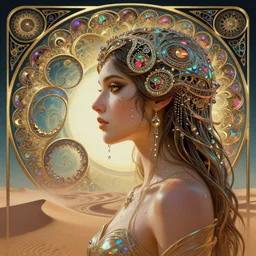 Dune and altered carbon, Maya Ali as a cyber sorceress, side view, art nouveau, sweat drops, fibonacci, fractals, insane, prismatic, intricate, highly detailed, digital painting, artstation, concept art, smooth, sharp focus, illustration, Unreal Engine 5, 8K, art by artgerm and greg rutkowski and alphonse mucha