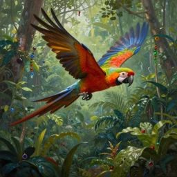 a beautiful painting of a macaw flying over the amazon jungle, matte painting, fantasy art, ayahuasca, highly detailed