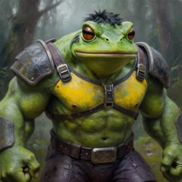 macro medium close up shot, rugged anthropomorphic muscular!!!!!!!!! oversized!!!!!!!! hulked!!!! frog as oversized green armored barbarian armored hunter with yellow chest wearing war soldier uniform sci - fi armor in deep forest, mist, overcast, dramatic gritty textured oil painting by frazetta and greg rutkowski