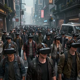 an intricate detail of a city street in the metaverse with crowd wearing vr headsets, highly detailed, Artstation, concept art, hyper realistic, cgsociety