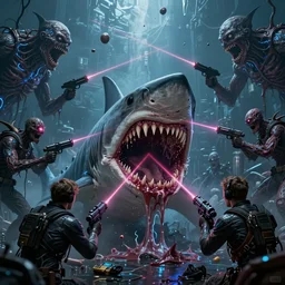 concept art of shark attack, lovecraftian, lots of teeth, melting horror, fighting the horrors of the unknown with laser guns, by greg rutkowski, by anton fadeev, by rhads, 4 k, cyber punk style, glowing blue veins, greg rutkowski, very coherent symmetrical artwork, cinematic, hyper realism, high detail, octane render, unreal engine, 8 k