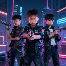 “cyberpunk kids with guns and electronic devices, neon lights, sharp, detailed”