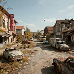 low wide angle shot of dilapidated fallout 5 europa, temperate european small town, desolate, dilapidated neon signs, few rusted retro futuristic vintage parked vehicles like cars, buses, trucks, trams, volumetric lighting, photorealistic, daytime, autumn, sunny weather, sharp focus, ultra detailed, f 1. 4, 4 0 0 0 k