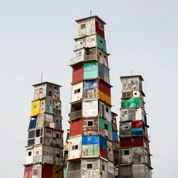 towers made up of makeshift squatter shacks with bleached colours, vibrant, mamiya, 8 5 mm, f 1. 7, uniform plain sky, fine details, photographed by salvador dali and zaha hadid