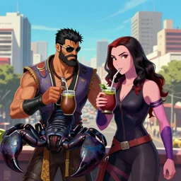 scorpion ( mortal kombat ) and gamora drinking yerba mate. digital art. trending on artstation. friendly, close. city of buenos aires in the background by greg rutkowski, zabrocki, karlkka, jayison devadas