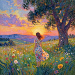 girl with flower dress, standing in a field with flowers in the air, hills, big trees, sunrise dramatic light, impressionist painting, colorful clouds, digital painting, pointillism, artstation, simon stalenhag