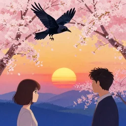 colorful illustration of sakura sunset, by hajime sorayama and jake parker, raven bird.