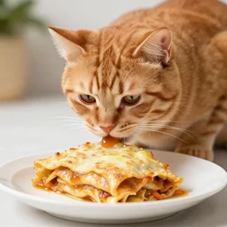 orange exotic shorthair cat eating lasagnas