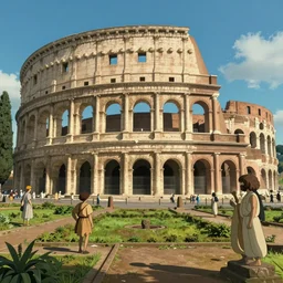 inside a beautiful temple in rome, ancient roman architecture, ancient rome, colloseum, garden, men in tunica, blue sky, ocean, megascan texture building, cinematic composition, jaime jasso, craig mullins, wide angle, in the style of hayao miyazaki + brian froud + kim jung gi, studio ghibli, beautiful high detail enhanced 8 k render