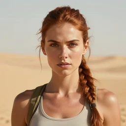 fantasy concept art, frontal portrait of a healthy young woman, no blemishes, auburn hair in a ponytail, attractive, sun - kissed face, natural makeup, athletic, slavic features, serious demeanor, ( tomb raider ), desert background, in the style of ruan jia, high detail, uplit, 8 k