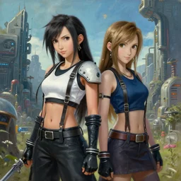 a painting of tifa lockhart and aerith gainsborough from final fantasy 7, the midgard steam punk city as backdrop, by greg rutkowski, artgerm, wlop, ruan jia, krenz cushart, alphonse mucha, rain, unreal engine 5