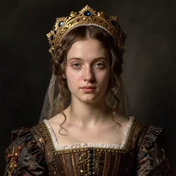 portrait of young woman in renaissance dress and renaissance headdress, art by oliviero toscani