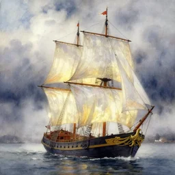 watercolor painting of boat with translucent sail, backlit ship, details, decorative, art by anders zorn, wonderful masterpiece by greg rutkowski, beautiful cinematic light, american romanticism by greg manchess, creation by tyler edlin, stormy puffy clouds and harbour in distant background, foggy