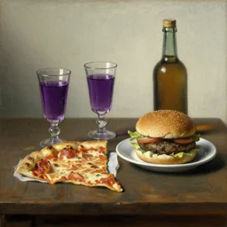 Dutch still life from the 1600s, old oil painting: Glasses filled with purple liquids, pizza slices, hamburger, alcohol