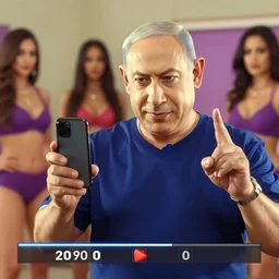 GTA V loading screen depicting Benjamin Netanyahu holding a phone and doing a peace sign, hot babes in the background, highly detailed