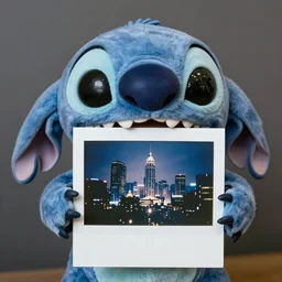 a blue alien creture holding a retro photograph polaroid of a future city from the year 2428 in his hands