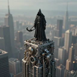 a necromancer standing on top of a skyscraper made from mechanical parts, greg rutkowski, 8 k, shallow depth of field, intricate detail, concept art,