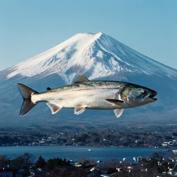 An analog color photography of a gigantic fish hovering over mount fuji. cinematic.