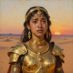 a young crying dejah thoris on mars wearing ornate detailed armor made of gold, after a battle, closeup portrait, gold jewelry, sand dunes to the horizon, sunset, oil painting on canvas, john singer sargent