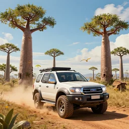 an offroad suv designed by ford driving through madagascar with baobabs trees, artgerm and greg rutkowski and alphonse mucha, an epic fantasy, volumetric light, detailed, establishing shot, an epic fantasy, trending on art station, octane render, midsommar