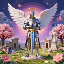 3 d render of catholic knight, angel with an excalibur magical sword portrait, temple ruins, catholic saint statue ruins, landscape, sakura season, against a psychedelic surreal background with 3 d butterflies and 3 d flowers n the style of 1 9 9 0's cg graphics against the cloudy night sky, lsd dream emulator psx, 3 d rendered y 2 k aesthetic by ichiro tanida, 3 do magazine, wide shot