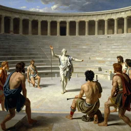 euripides's medea performed in an ancient greek amphitheater by lawrence alma - tadema,