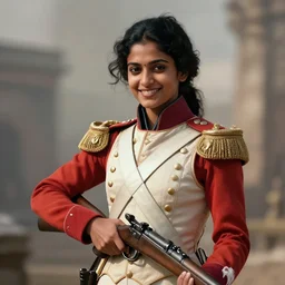 young indian woman napoleonic grenadier, holding a rifle, strong, muscular, smiling, digital portrait by greg rutkowski, intricate, soft focus, highly detailed, cinematic, epic, artstation