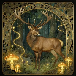 elk in an enchanted forest, intricate design, elegant, magical, art nouveau, environment art, film still, glowing mushrooms, trails, close up, art by artgerm and greg rutkowski and ruan jia and peter polach