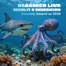 an amazing underwater shot of a blue spotted octopus selling snail shells to a shark, trending on artstation cgsociety, award winner, highly detailed, cinematic.