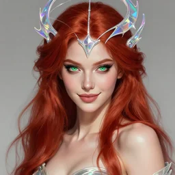 sketch of cute gorgeous beautiful red haired smirking super model human - alien hybrid woman as futuristic aphrodite greek goddess wearing a holographic headdress, beautiful piercing gaze with green eyes and sharp pupils, sexy, in the style of greg rutkowski, fantasy, amazing detail, epic, elegant, smooth, sharp focus, front view