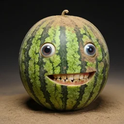 a dusty dry taxidermy of a watermelon, glass eyeballs, false teeth,