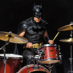 Tommy Wiseau from The Room as Bane from Batman playing the Drums in a metal band by Greg Hildebrandt
