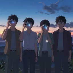 four men with their faces hidden standing next to each other, they all wear glasses and hold up crystal balls as a show of unity, twilight, dusk, poster art by makoto shinkai, featured on pixiv, environmental art, official art, anime, movie poster