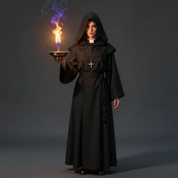 ( a priestess with a hood that covers half her face carries an incense burner that emits a pleasantly colored flame. ) by anato finnstark, photorealistic, full body portrait, dynamic lighting, beautiful, trending on artstation, wallpaper, 4 k, award winning, digital art, very detailed faces