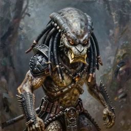 an action shot of the predator by chris ayers, oil on canvas, deep depth field, masterpiece, by ken barthelmey, trending on artstation, featured on pixiv, cinematic composition, hyper - detailed, hd, hdr, 4 k, 8 k