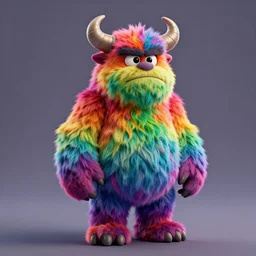 full body 3 d model of a vibrant rainbow colored grumpy furry monster with fuzzy horns, a 3 d render by wendy froud, designed by jim henson, dark rainbow colored fur, zbrush central contest winner, furry art, rendered in maya, vibrant, colorful, rendered in cinema 4 d, behance hd, daz 3 d, cgsociety, matte background
