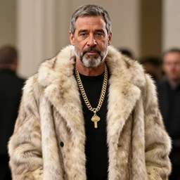 mr. rogers in a fur coat, gold chains, og hustler, in the hood, pimpgame