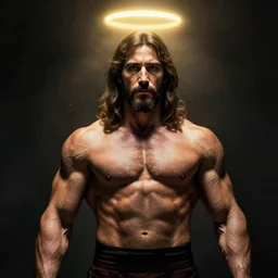 jesus as a bodybuilder by greg hildebrandt, halo above head, dramatic lighting