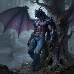 musclebound shadow dragon scaled shadow man wearing jeans leans against a magical tree fantasy artwork epic detailed and itricate digital painting trending on artstation by wlop octane render