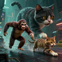 a 🐭 fleeing terrified & a huge cat 🐱 chasing, by mark ryden in cyberpunk environment, 4 k ultra high resolution, horror, long camera shot